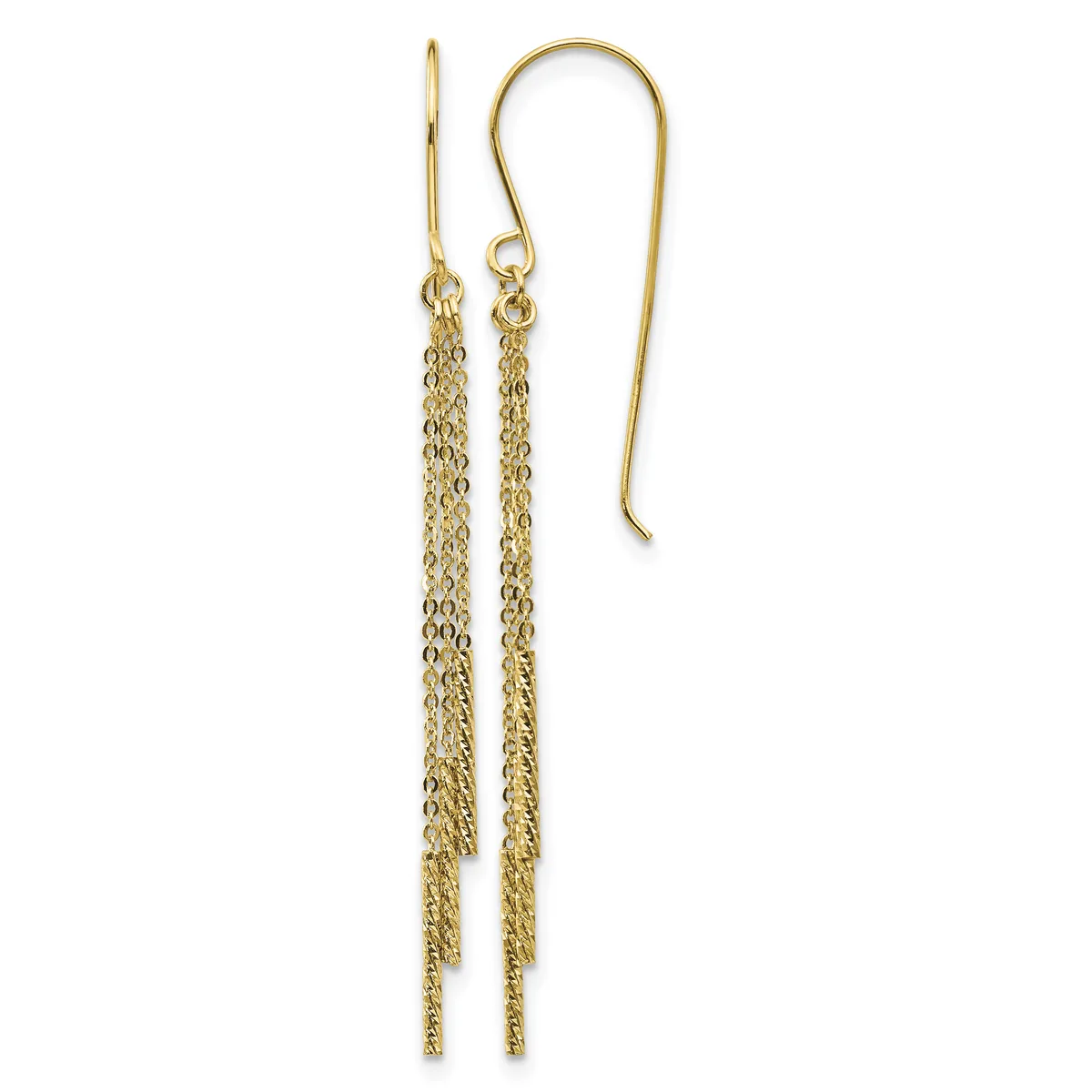 Pair of gold-toned threader earrings with long delicate chain strands hanging from curved ear wires.