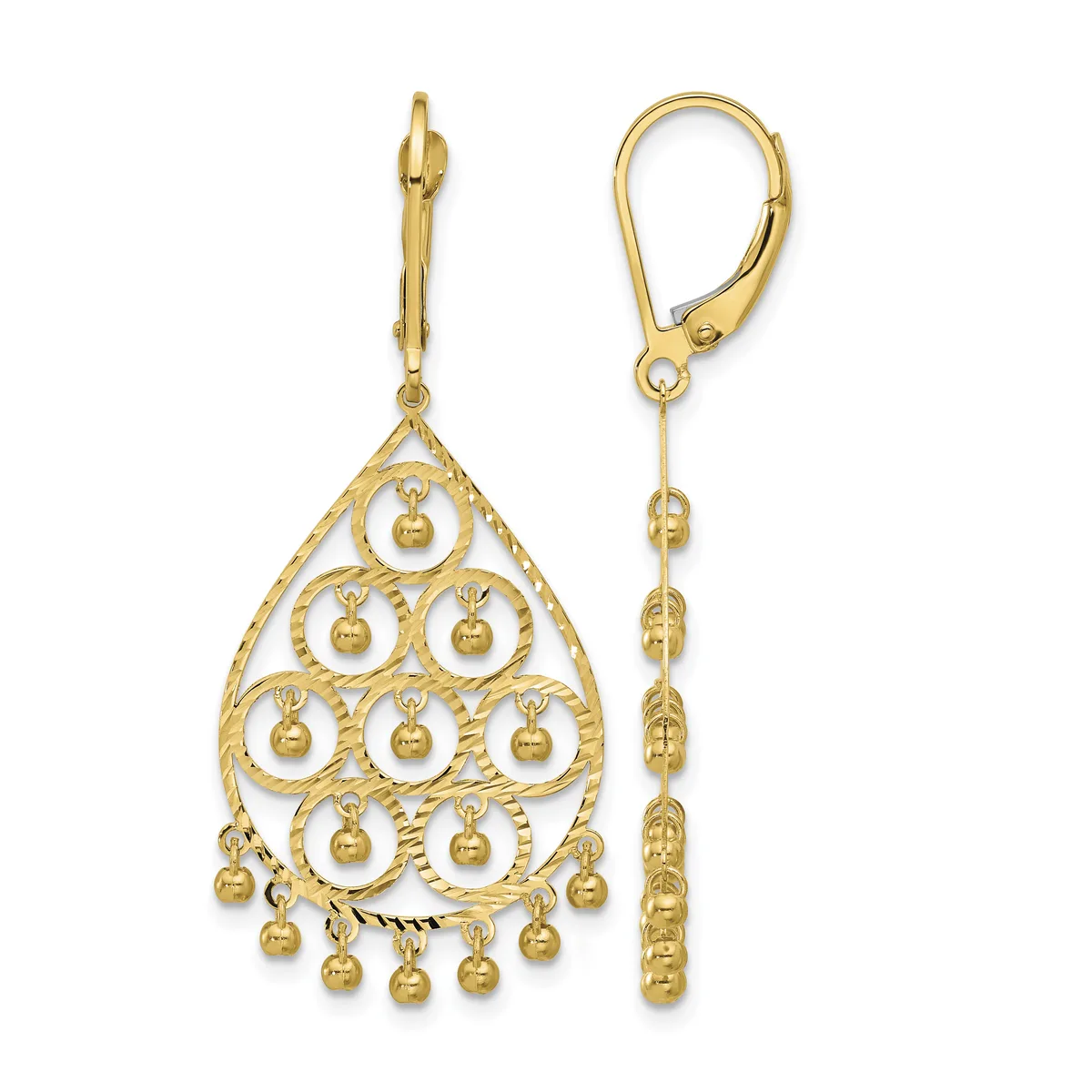 Pair of gold teardrop chandelier earrings with textured filigree design and small spherical bead dangles, shown front and side view.