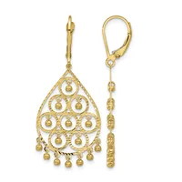 Pair of gold teardrop chandelier earrings with textured filigree design and small spherical bead dangles, shown front and side view.