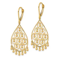A pair of gold teardrop-shaped filigree earrings with lever-back closures, featuring intricate openwork patterns and small dangling beads around the perimeter.