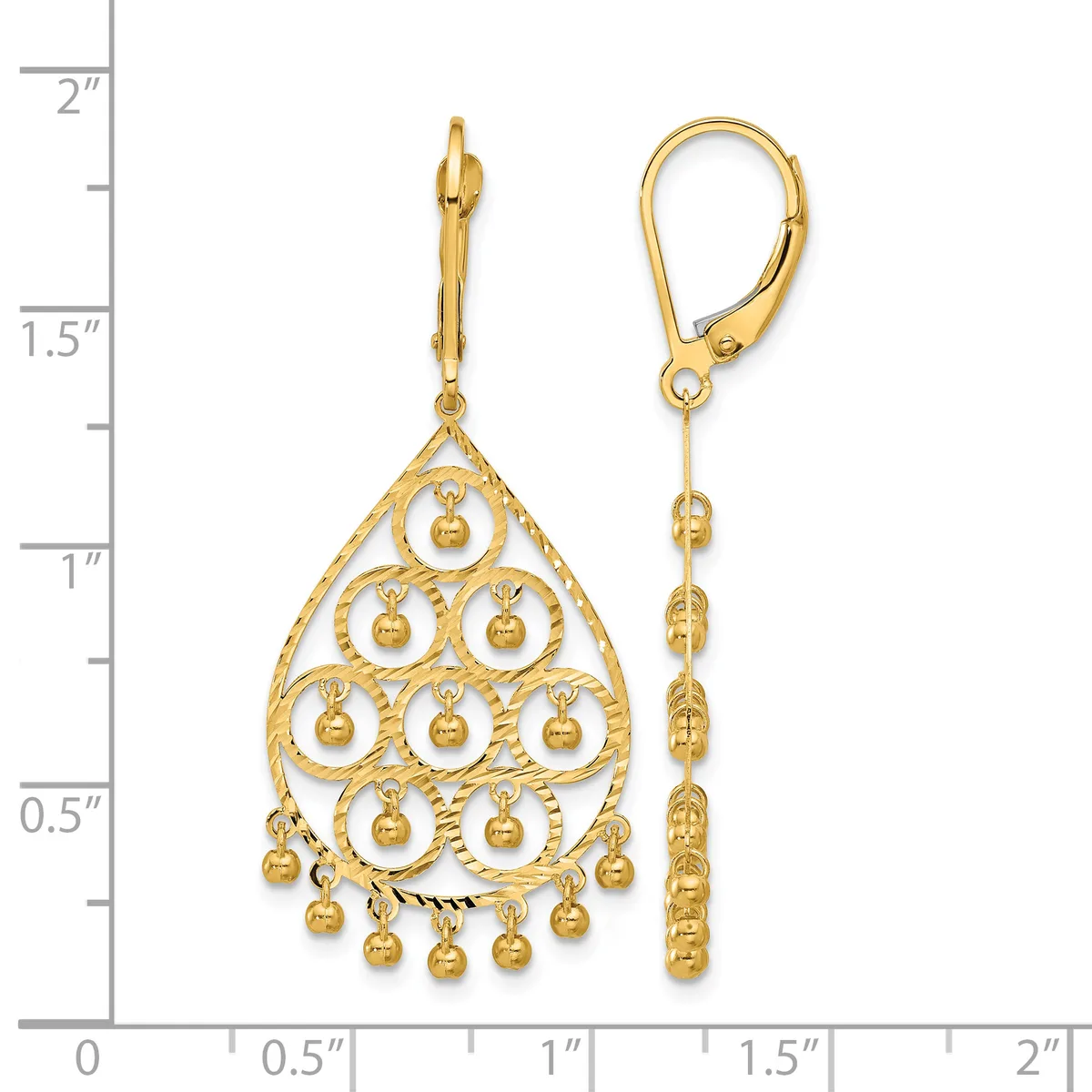 Pair of gold teardrop chandelier earrings with lever backs, featuring filigree detail and small dangling spheres throughout, shown against a measurement scale.