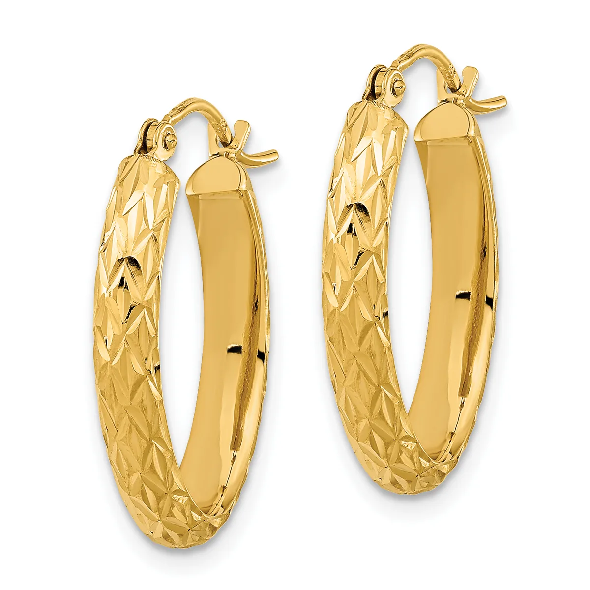 A pair of gold hoop earrings with textured quilted surfaces on the outer sides and polished smooth inner surfaces, shown from the front.
