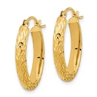 A pair of gold hoop earrings with textured quilted surfaces on the outer sides and polished smooth inner surfaces, shown from the front.
