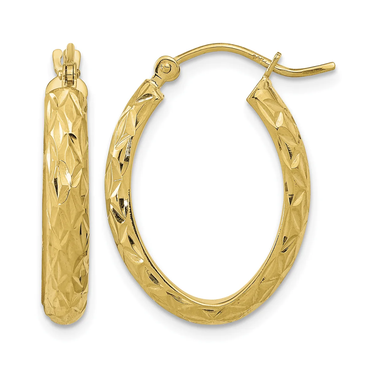 Pair of gold hoop earrings with a textured diamond-cut pattern surface and hinged post closures, shown from front and side views.