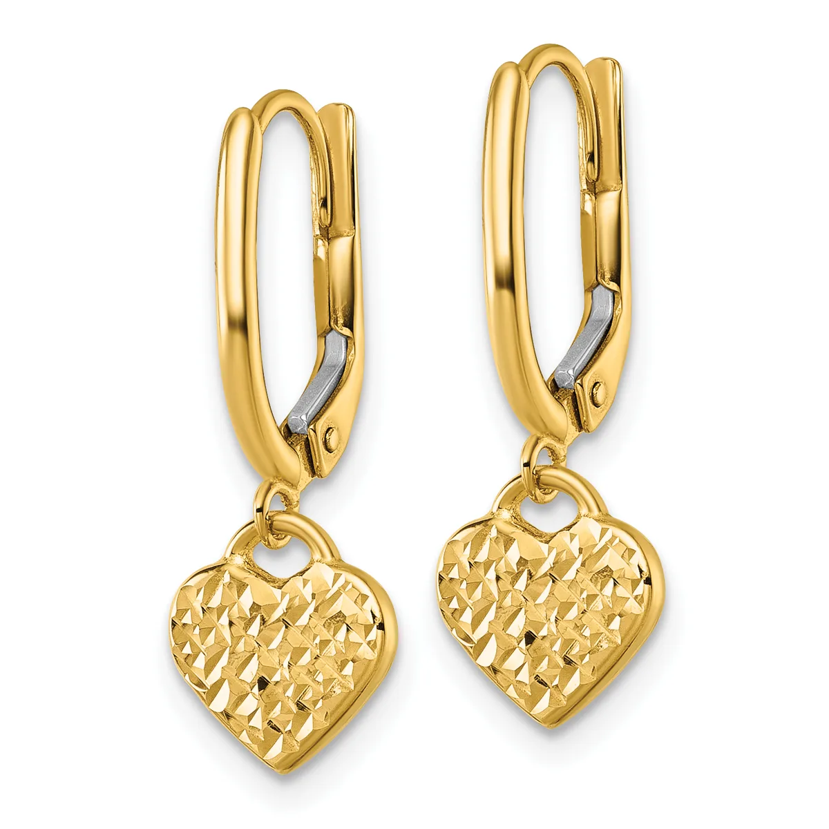 Pair of gold-tone lever-back earrings with textured heart-shaped charms hanging from polished oval hoops.