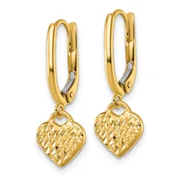 Pair of gold-tone lever-back earrings with textured heart-shaped charms hanging from polished oval hoops.