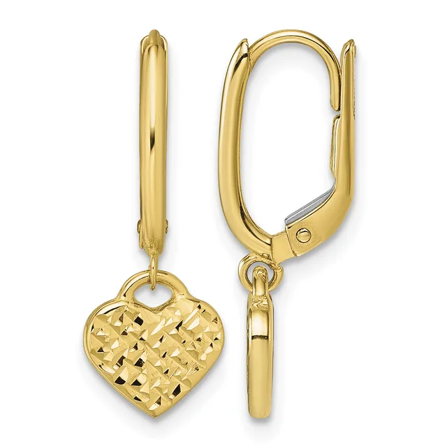 Pair of gold-colored leverback earrings with textured heart-shaped pendants hanging from polished oval hoops, shown from front and side views.