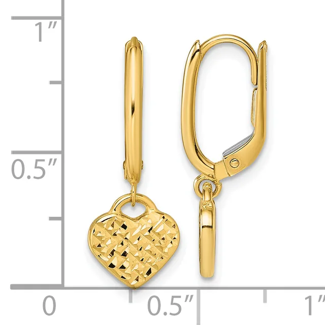 Gold lever back earrings with textured heart charms hanging from curved rectangular posts, shown against a measurement scale.