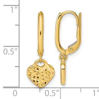 Gold lever back earrings with textured heart charms hanging from curved rectangular posts, shown against a measurement scale.