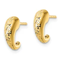 A pair of gold-colored curved hug earrings with textured surfaces and small ball posts, shown from the front against a white background.