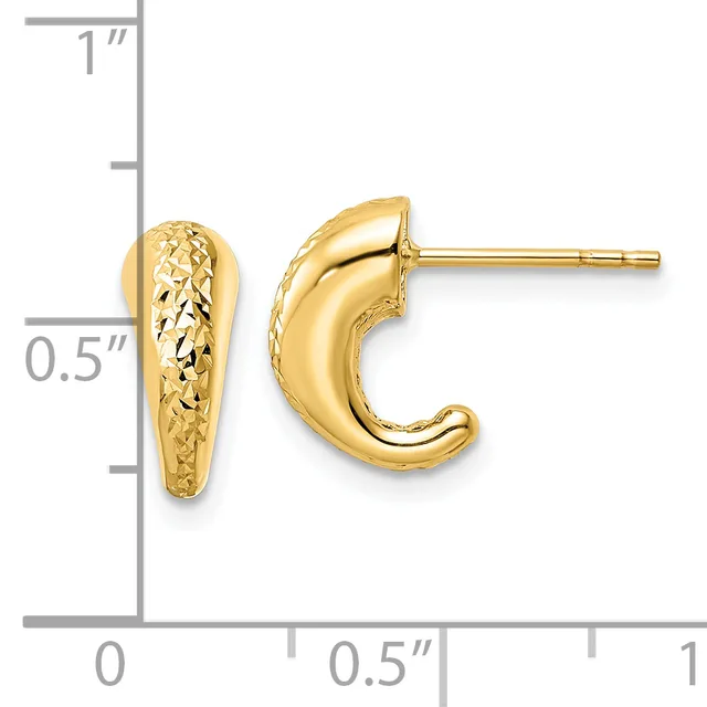 A pair of gold hoop earrings with a textured finish on one side and polished curved surface on the other, shown next to a measurement ruler indicating approximately half-inch width.