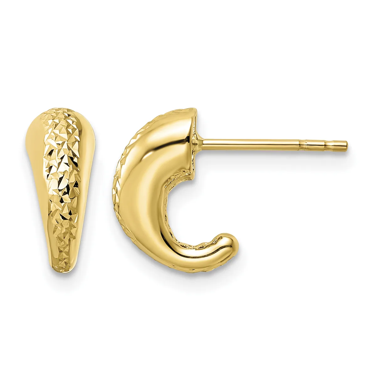 A pair of gold hoop earrings with textured and polished surfaces, shown from front and side views with post and backing closures.