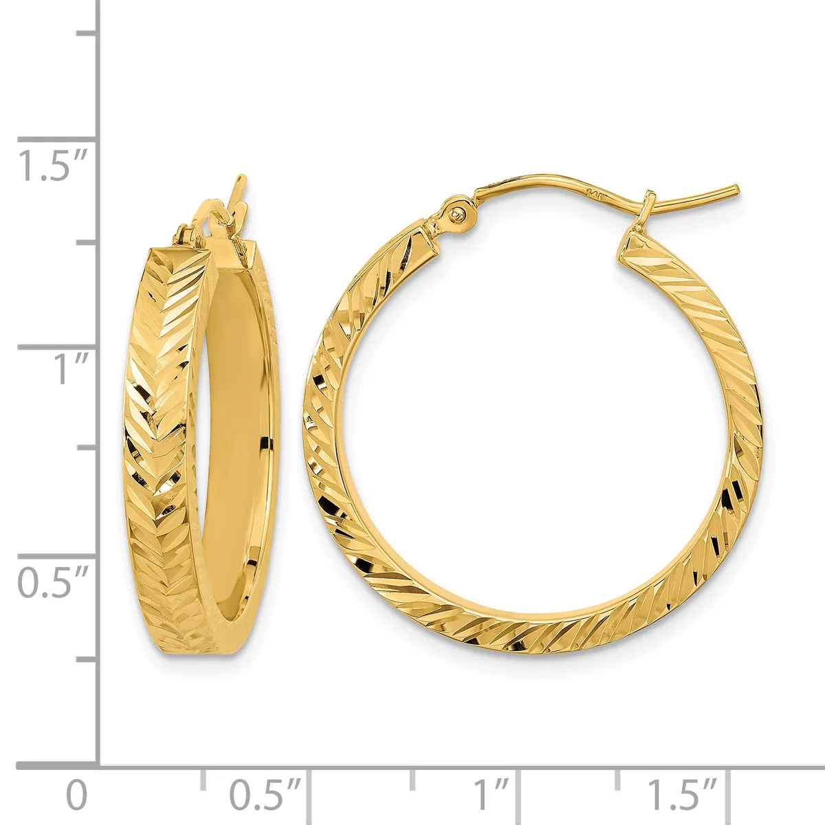 Pair of gold hoop earrings with textured surface and hook closures, displayed next to a measurement ruler showing approximately one inch diameter.