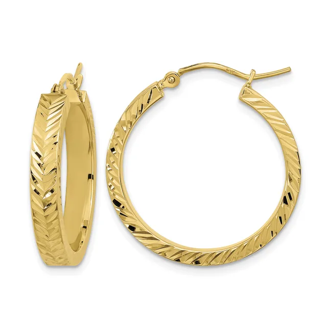 A pair of gold hoop earrings with textured diagonal line patterns on the outer surface, shown from front and side views.