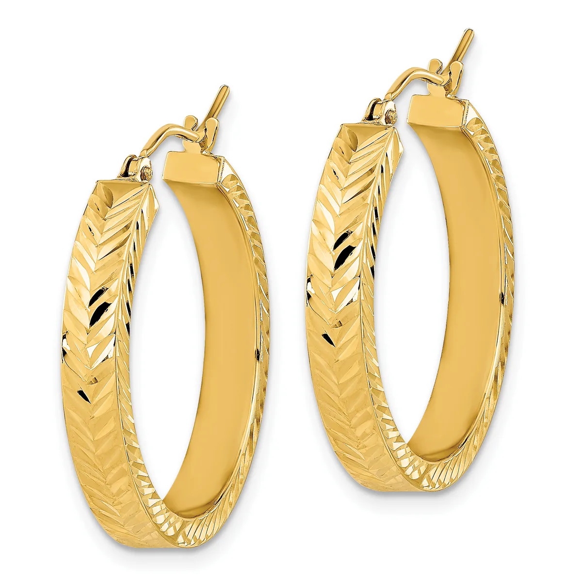 A pair of gold hoop earrings with textured chevron patterns on the outer edges and polished flat inner surfaces, shown at two different sizes.