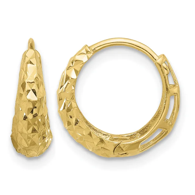 Pair of gold hoop earrings with a textured diamond-cut surface, shown from front and side views.