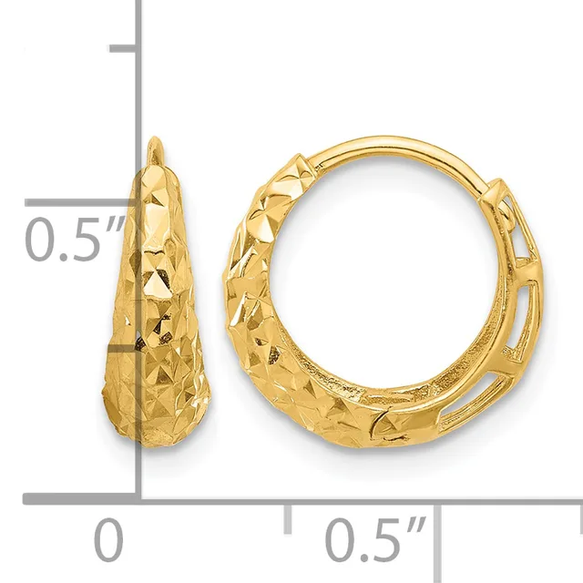 A pair of gold hoop earrings with a textured diamond-cut surface, shown from front and side views with a measurement scale indicating approximately 0.5 inches in height.