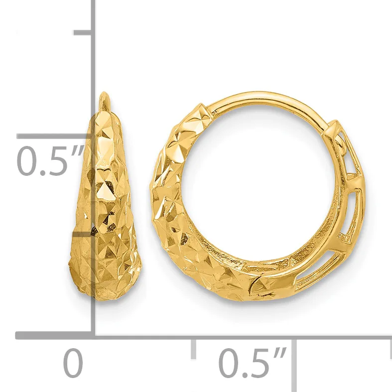 A pair of gold hoop earrings with a textured diamond-cut surface, shown from front and side views with a measurement scale indicating approximately 0.5 inches in height.