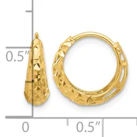 A pair of gold hoop earrings with a textured diamond-cut surface, shown from front and side views with a measurement scale indicating approximately 0.5 inches in height.
