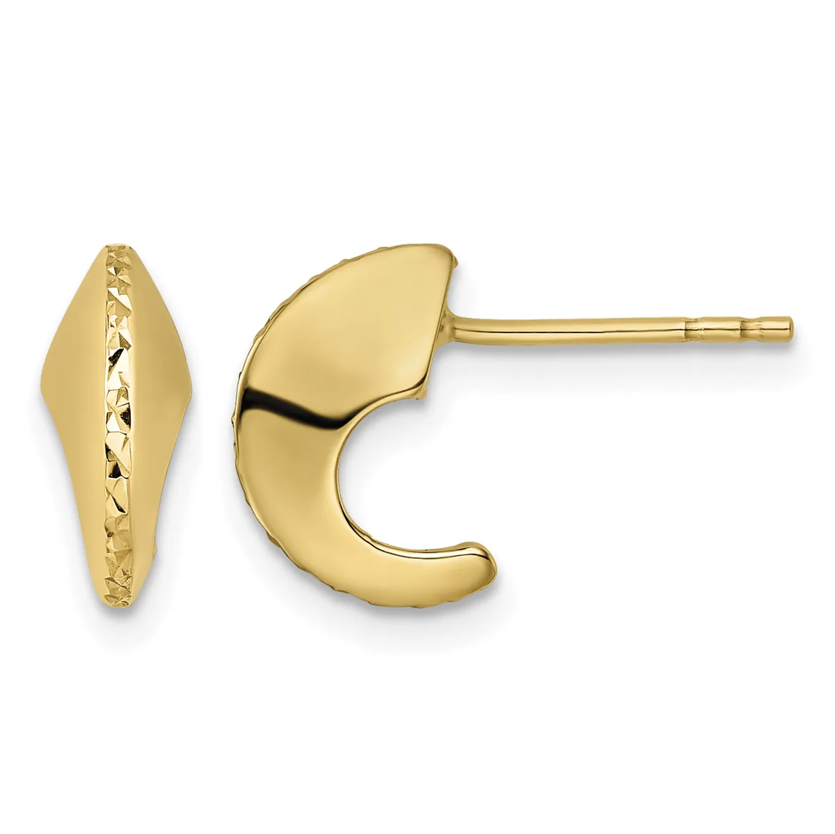 A pair of gold hoop earrings displayed from front and side views, featuring a curved crescent shape with a textured diamond-cut pattern on one earring and polished finish on the other.