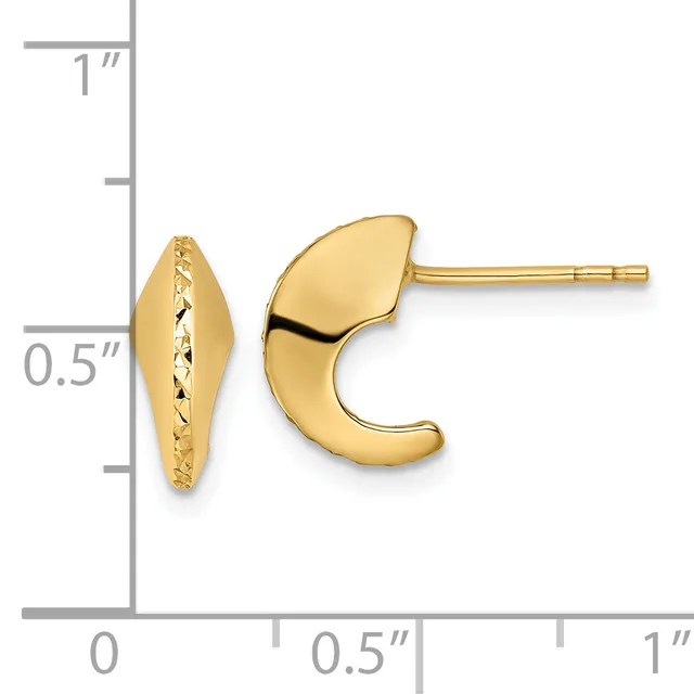 Gold curved crescent earrings with a textured finish on one earring and smooth polished finish on the other, shown against a measurement scale.