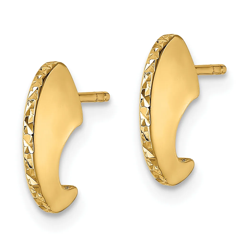 Pair of gold-colored curved hug earrings with textured edges and post backs, shown from the front.