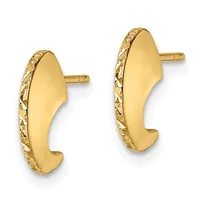 Pair of gold-colored curved hug earrings with textured edges and post backs, shown from the front.