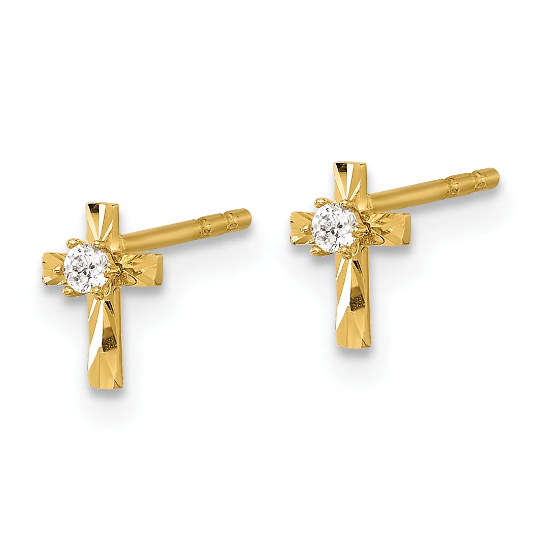 Pair of gold cross earrings with clear round gemstones set at the center, shown against a white background.
