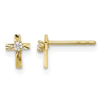 Pair of gold cross stud earrings with round diamond centers and textured bow details, shown from front and back views.