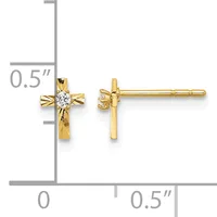 Pair of gold cross stud earrings with round diamond centers, shown front and back view with measurement scale indicating approximately 0.5 inches in height.