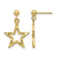 Pair of gold star drop earrings with ball posts shown from front and back views.