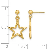 Gold-toned star dangle earrings with ball studs, shown front and side view next to a measurement scale indicating approximately one inch in length.