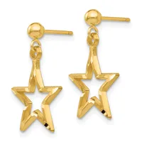 Pair of gold star-shaped dangle earrings with ball studs and decorative twisted connectors.
