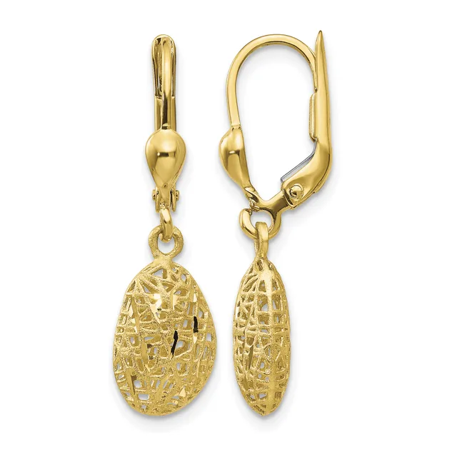 Pair of gold-colored lever-back earrings with textured oval pendants hanging from polished ball and post connectors, shown from front and side views.