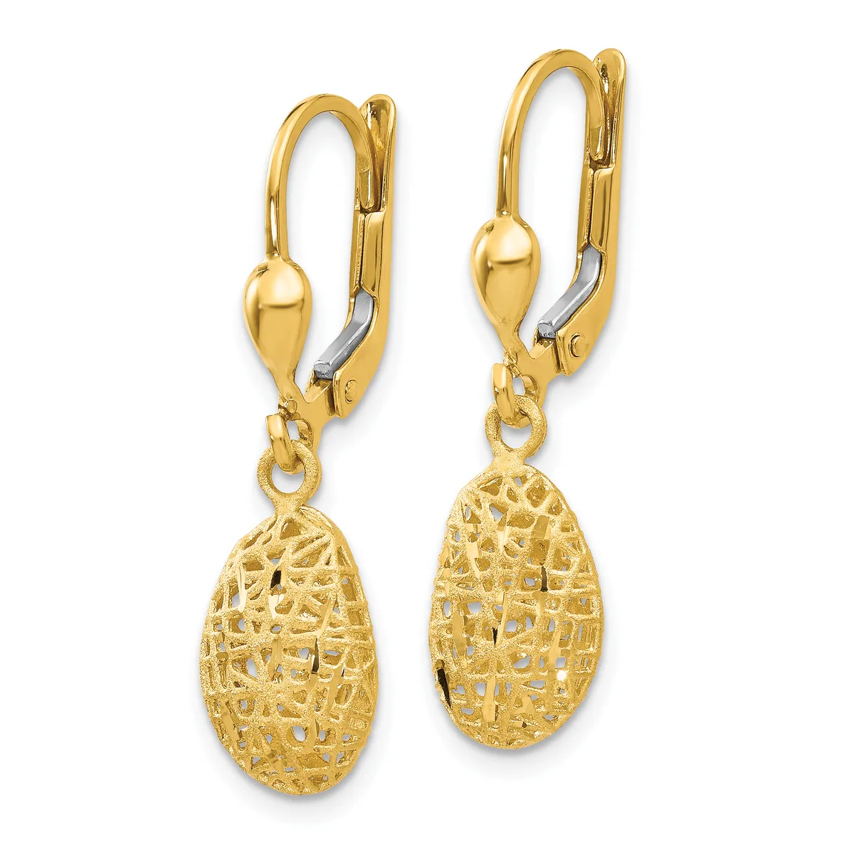 Pair of gold-toned leverback earrings with textured oval pendant drops hanging against a white background.