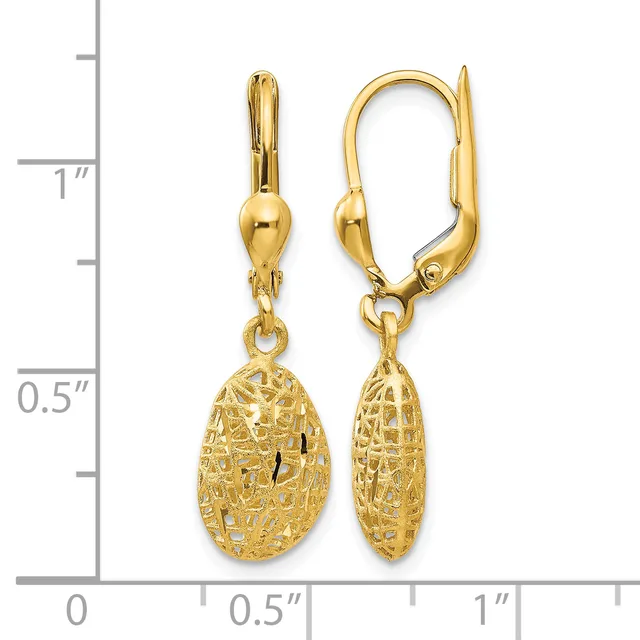 Pair of gold textured oval drop earrings with leverback closures, displayed next to a measurement ruler showing approximately one inch in length.