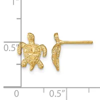 Pair of gold sea turtle stud earrings with textured shells, shown against a measurement scale indicating approximately 0.5 inches in height.