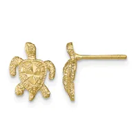 Pair of gold sea turtle stud earrings with textured shells, shown from front and side views on posts.