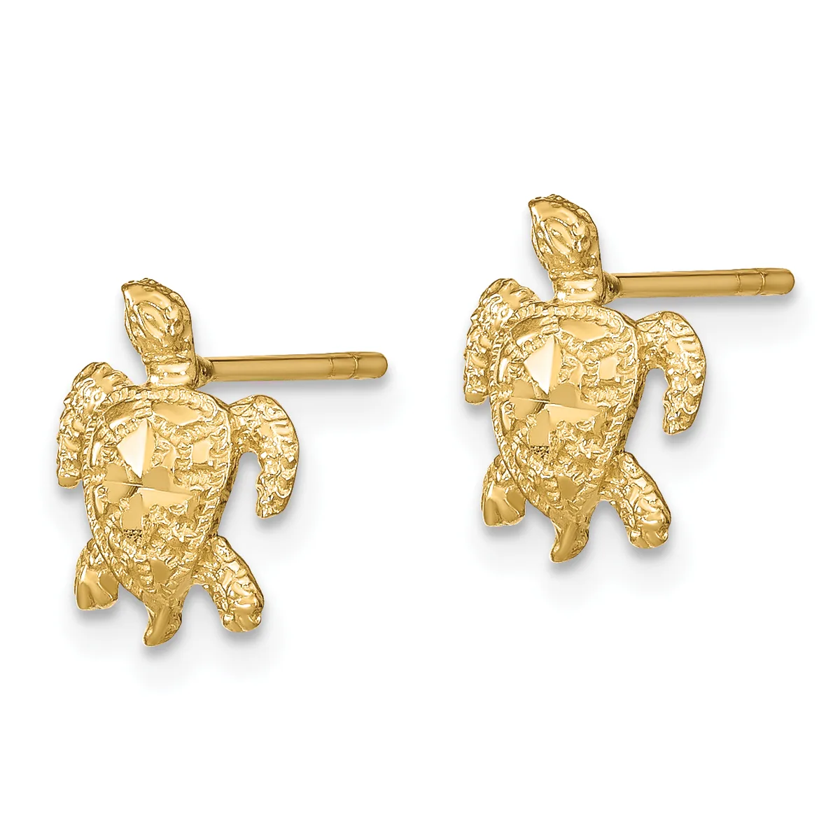 Pair of gold sea turtle stud earrings with textured shells and finials, shown from the front against a white background.