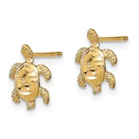 A pair of gold sea turtle stud earrings with textured shells and flippers, shown from the front against a white background.