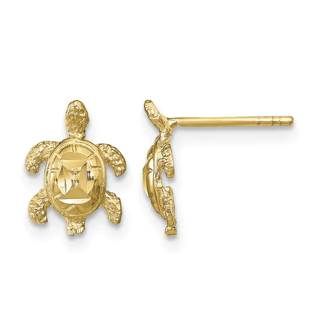 Pair of gold turtle-shaped stud earrings with textured shells and posts shown from front and side views.
