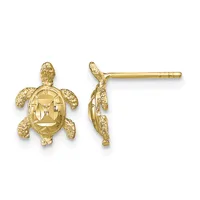 Pair of gold turtle-shaped stud earrings with textured shells and posts shown from front and side views.