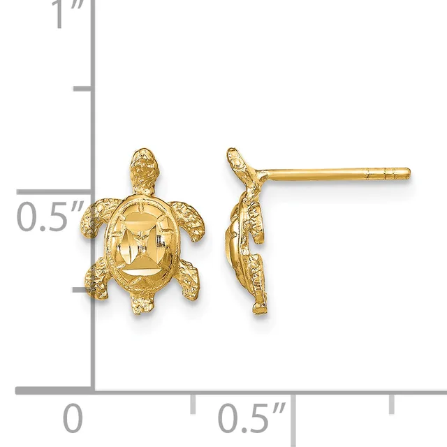 Gold turtle stud earrings with textured shells and legs, shown front and side view with a measurement scale indicating approximately half an inch in length.