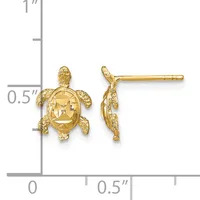 Gold turtle stud earrings with textured shells and legs, shown front and side view with a measurement scale indicating approximately half an inch in length.