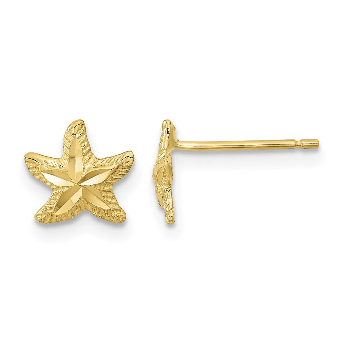 Pair of gold starfish stud earrings with textured surface detail, shown from front and side views.