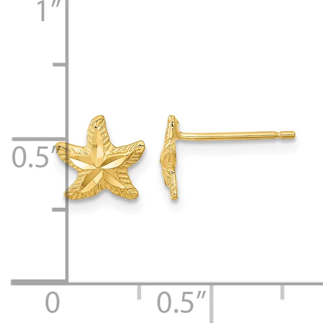 Gold-colored star-shaped stud earrings with textured finish displayed next to a ruler showing approximately half-inch width.