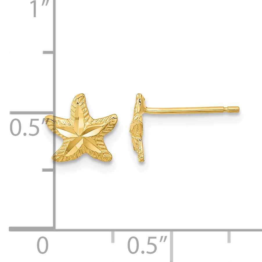 Gold-colored star-shaped stud earrings with textured finish displayed next to a ruler showing approximately half-inch width.