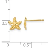 Gold-colored star-shaped stud earrings with textured finish displayed next to a ruler showing approximately half-inch width.