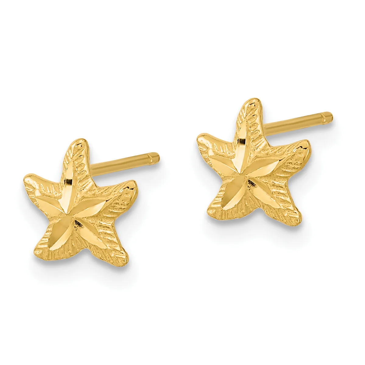 A pair of gold starfish stud earrings with textured petals and polished centers, displayed against a white background.