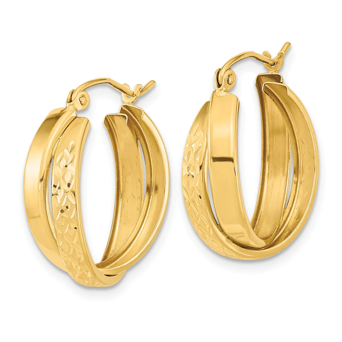 Pair of gold hoop earrings with textured surface and polished finish, shown from front and angled views.